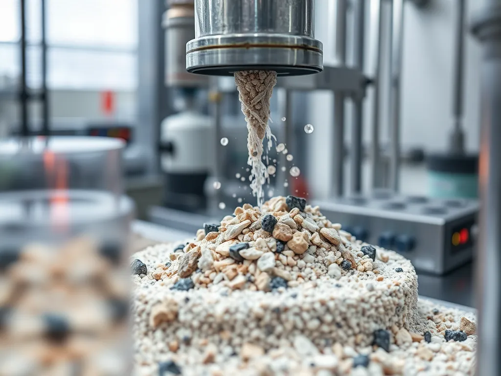 Granular materials being mixed in a modifier dispersion process, showcasing the distribution and mixing of additives.