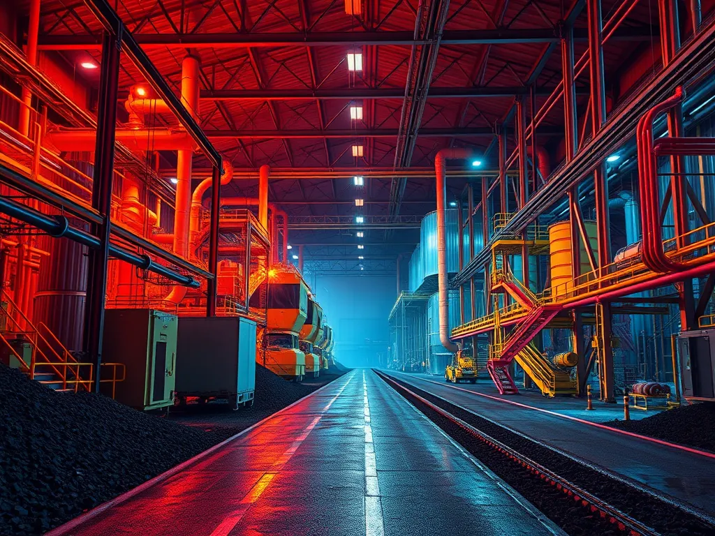 A vibrant industrial scene depicting the complex processes of modifier dispersion in a manufacturing plant.