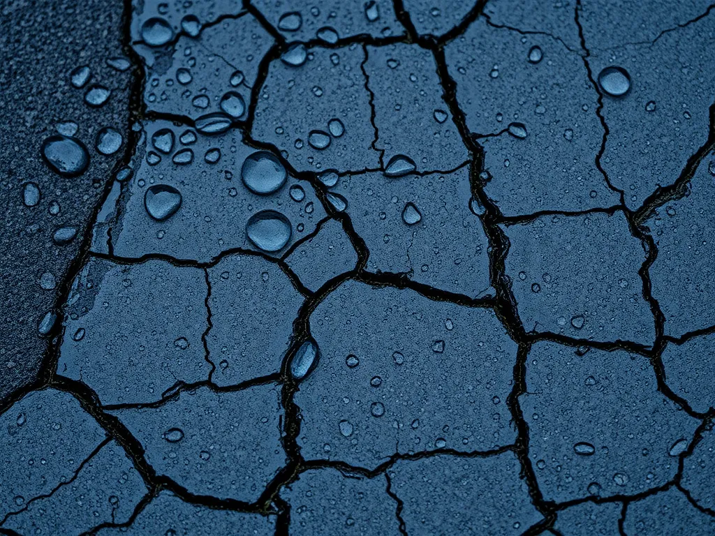 Close-up of cracked asphalt surface with water droplets illustrating moisture's role in asphalt degradation