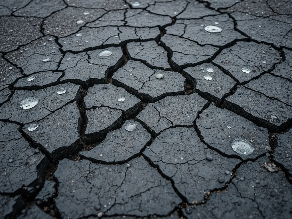 Cracked asphalt surface showing water droplets, highlighting the need for moisture control in asphalt subgrades.
