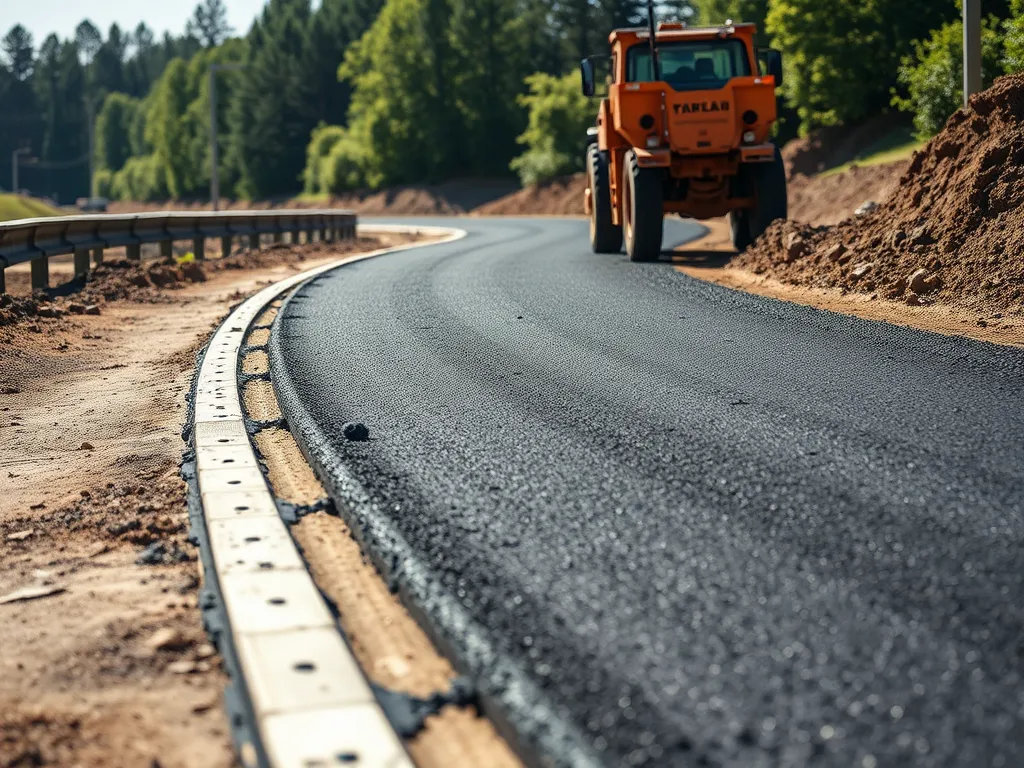A construction vehicle paving moisture-resistant asphalt on a curved road.