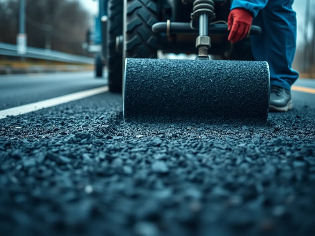 Worker operating a roller on moisture-resistant asphalt surface