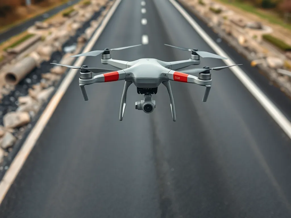 Drone inspecting asphalt quality on a road surface for quality assurance