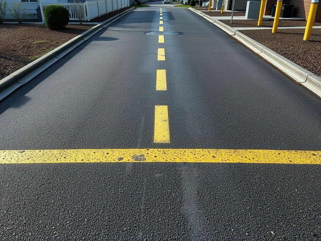 A clear asphalt driveway with yellow lane markings, discussing common myths associated with asphalt driveways.