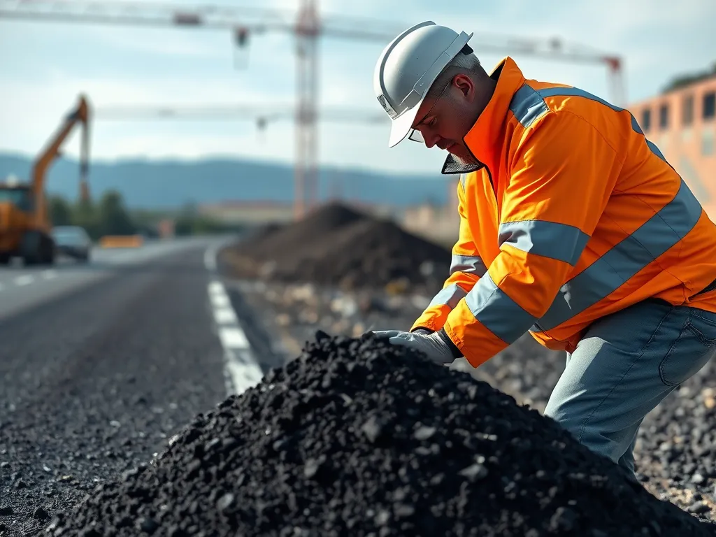Worker analyzing asphalt mixture enhanced with nanotechnology for improved durability.