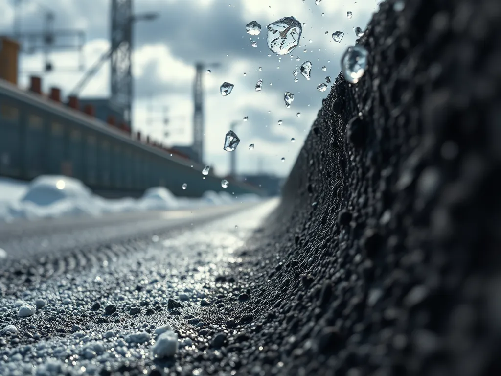 Close-up of asphalt surface enhanced with nanotechnology, showcasing water resistance and durability.