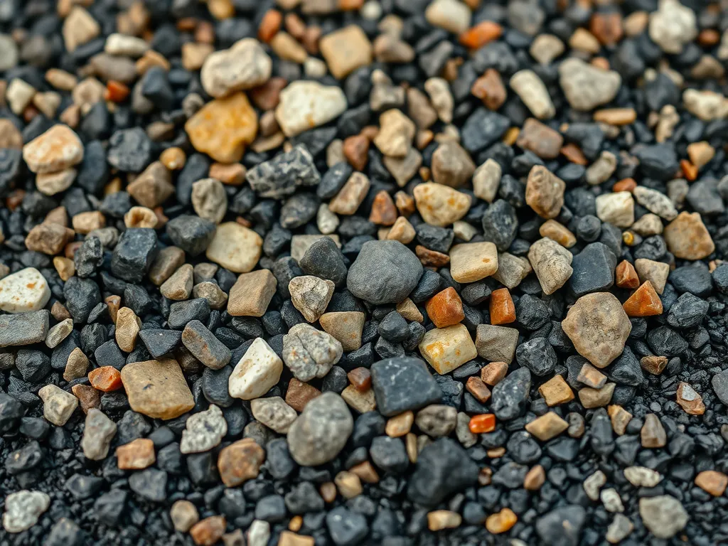 Close-up of natural aggregates used in asphalt, showcasing various sizes and colors of stones.