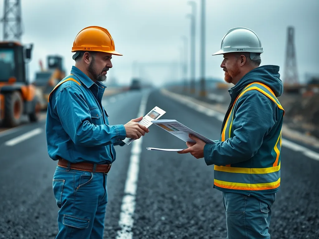 Two construction professionals discussing asphalt paving costs with documents in hand.