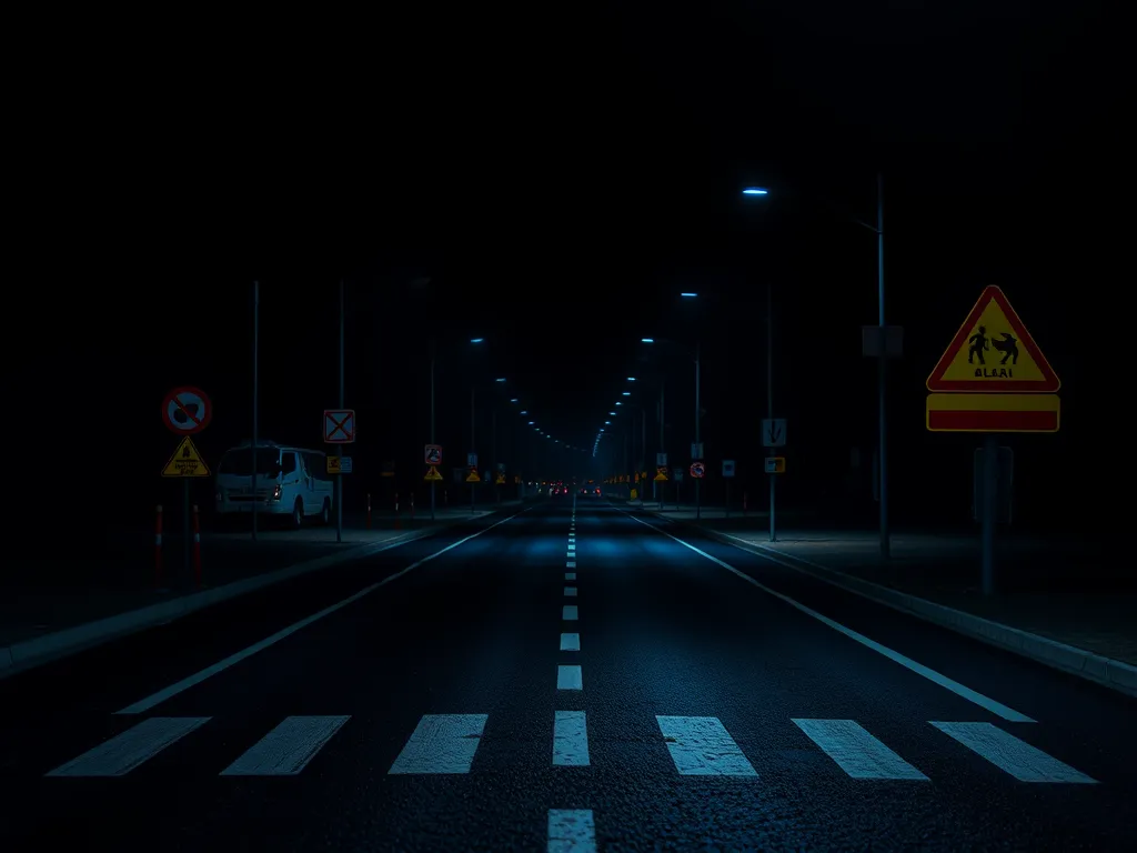 Dark asphalt road illuminated by streetlights, emphasizing nighttime safety measures.