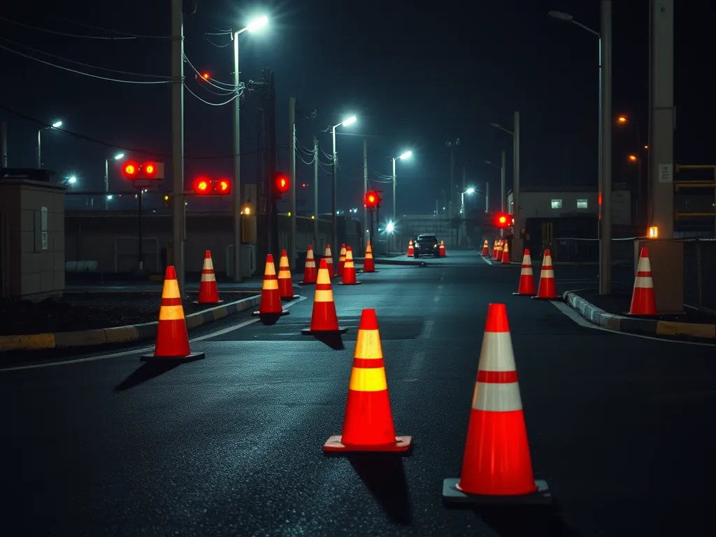 Traffic cones and warning lights indicating nighttime safety measures on asphalt roads.
