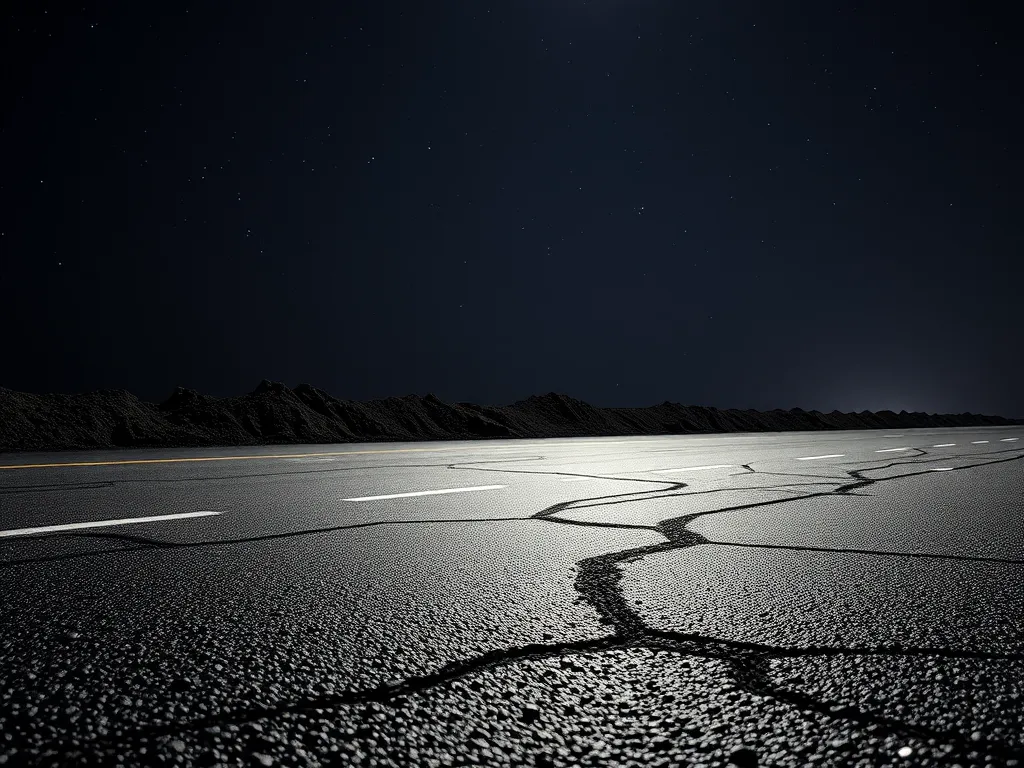 An asphalt road at night highlighting cracks and safety concerns related to nighttime visibility.