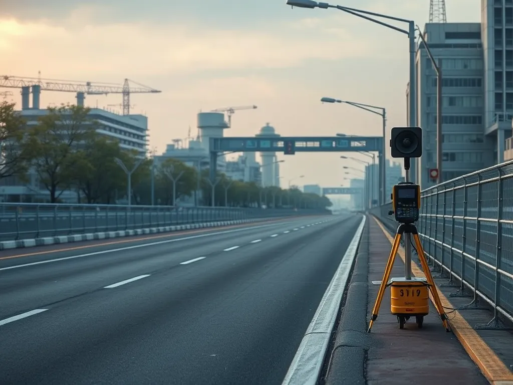 Noise measurement equipment set up on asphalt road for noise level assessment