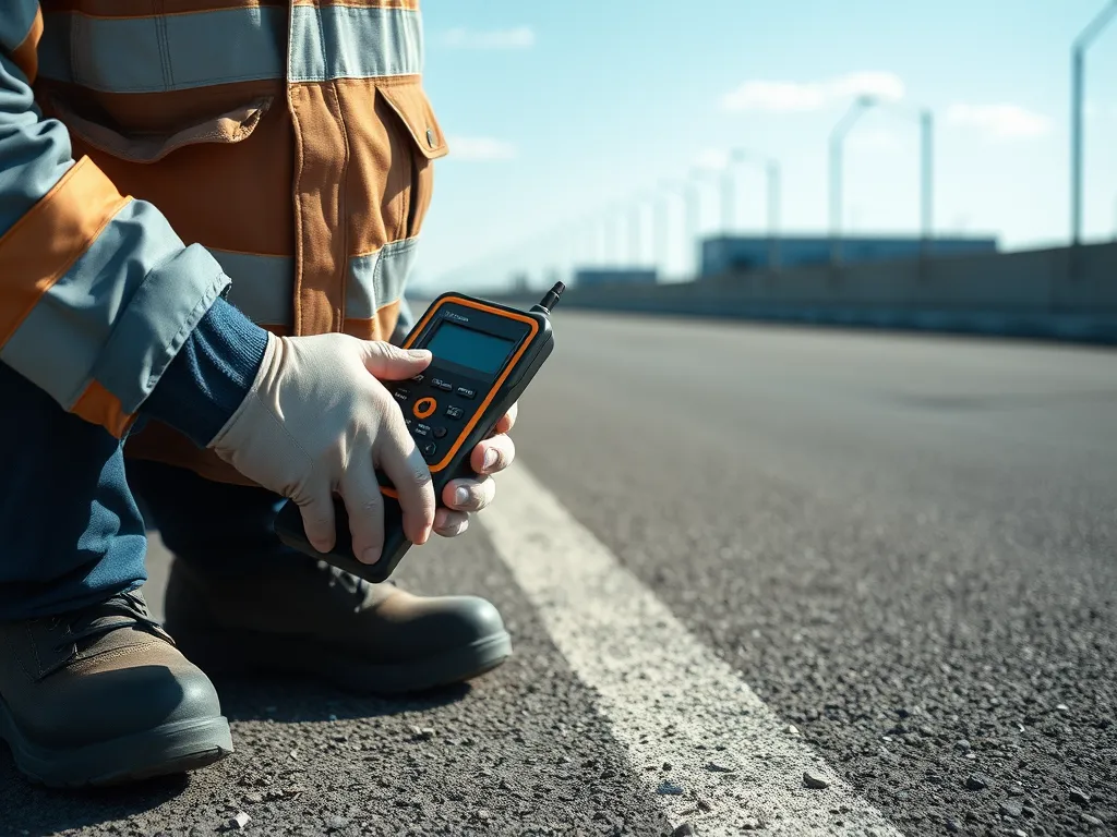 Technician Using a Noise Level Meter on Asphalt Surface