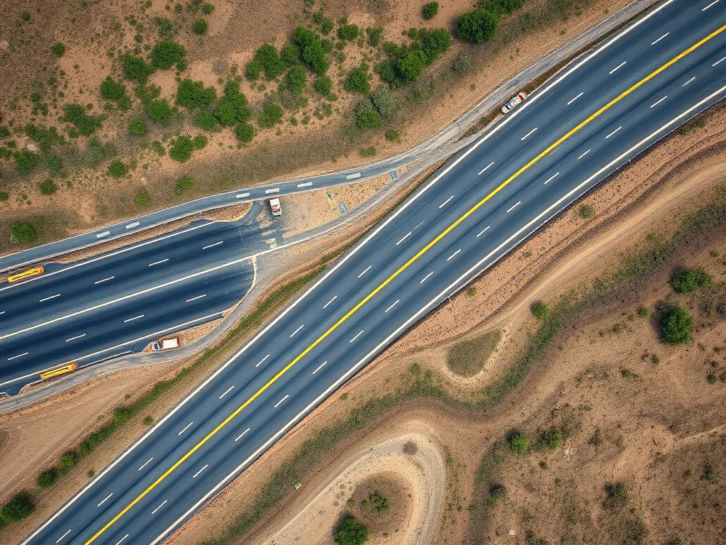 Aerial view of asphalt surfaces showing different road types for noise level measurement techniques.