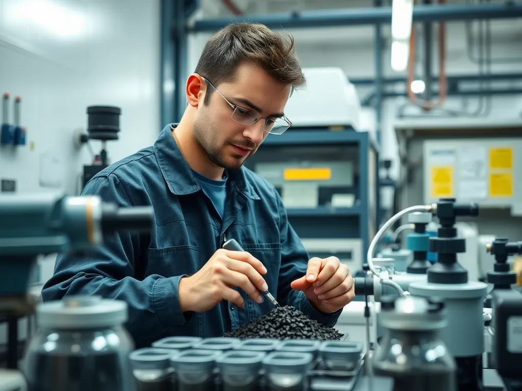 Researcher analyzing asphalt samples for optimizing asphalt mixes.