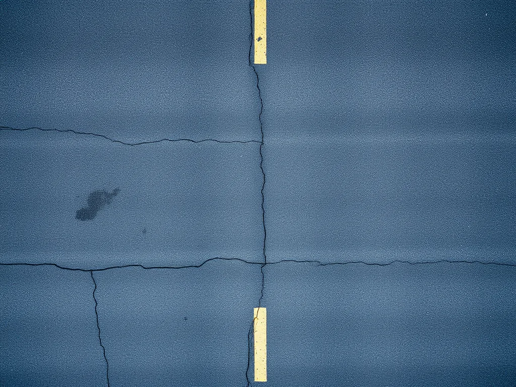 Close-up view of oxidized asphalt showing cracks and wear patterns.
