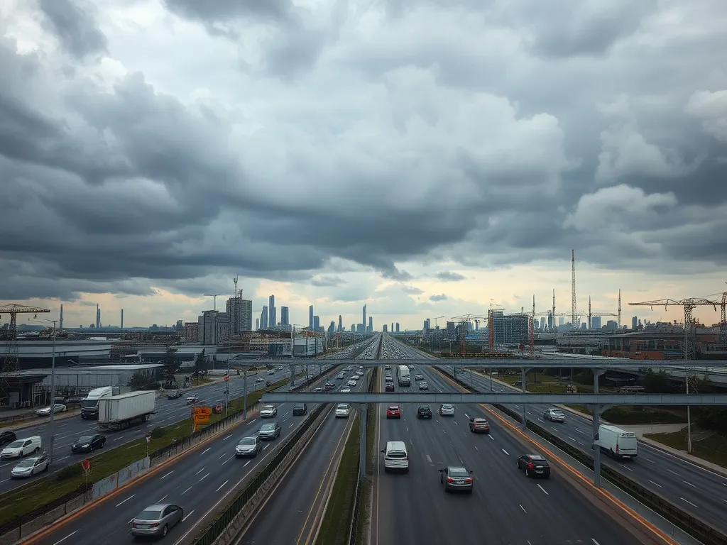 A busy highway with vehicles surrounded by industrial buildings, depicting sources of particulate matter from asphalt.