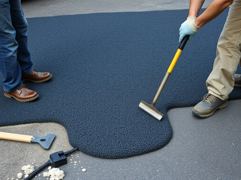 Workers applying asphalt patch to a driveway surface for repair