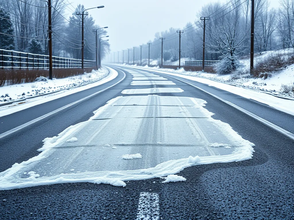 A snow-covered road illustrating various patching techniques for comparison in infrastructure maintenance.
