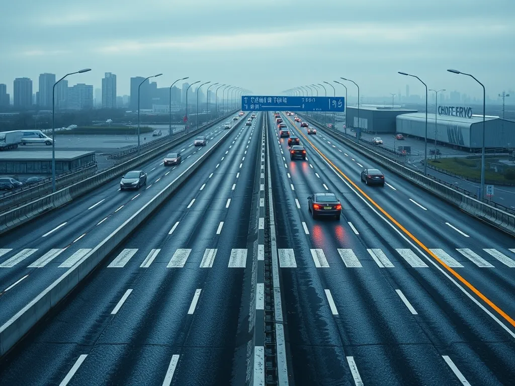 Highway illustrating the effect of pavement texture on noise levels with vehicles on wet roads.