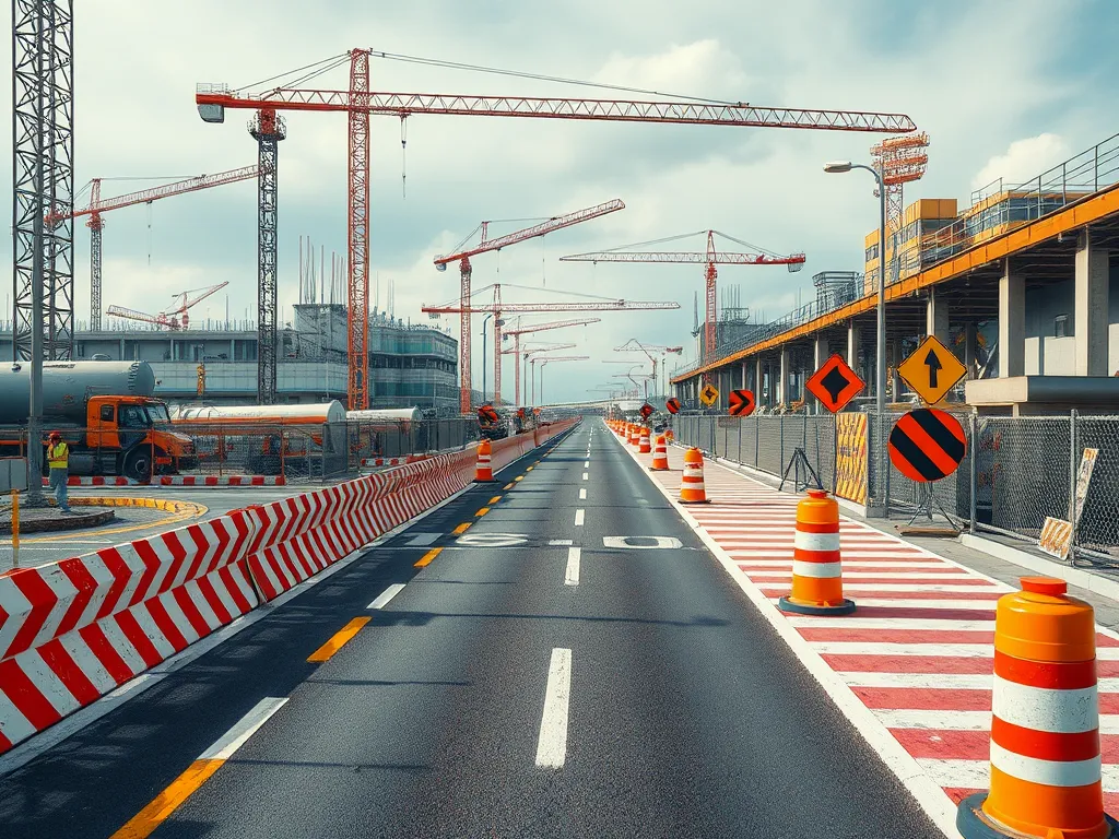 A construction site with a paver machine showcasing the economic benefits for large projects.