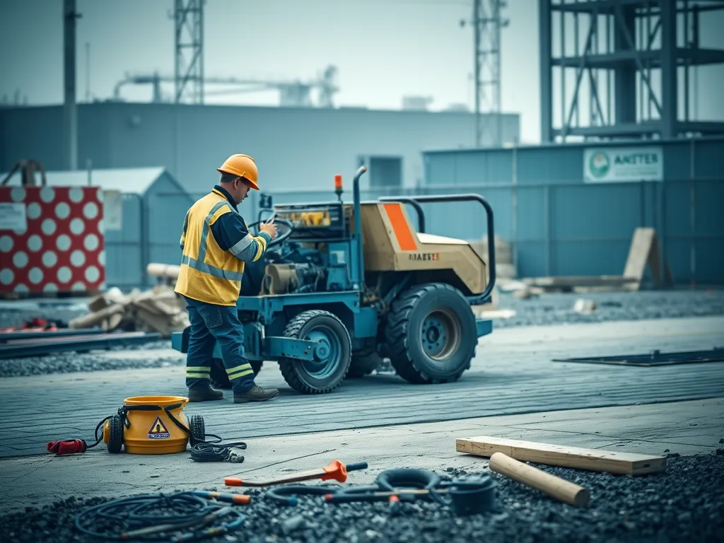 Worker handling paver machine emergency site situation with tools and equipment.