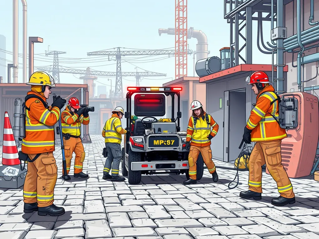 Workers addressing a paver machine emergency situation on a construction site