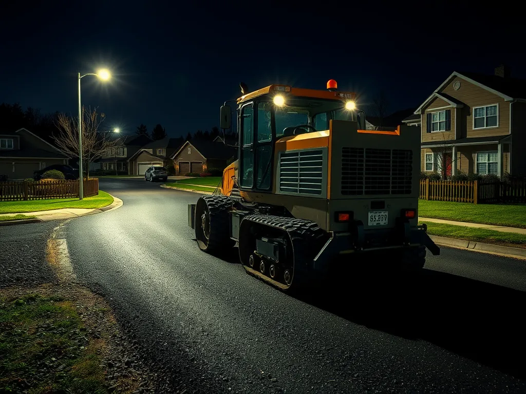 Nighttime view of a paver machine used for road construction, illustrating different types of paver machines.