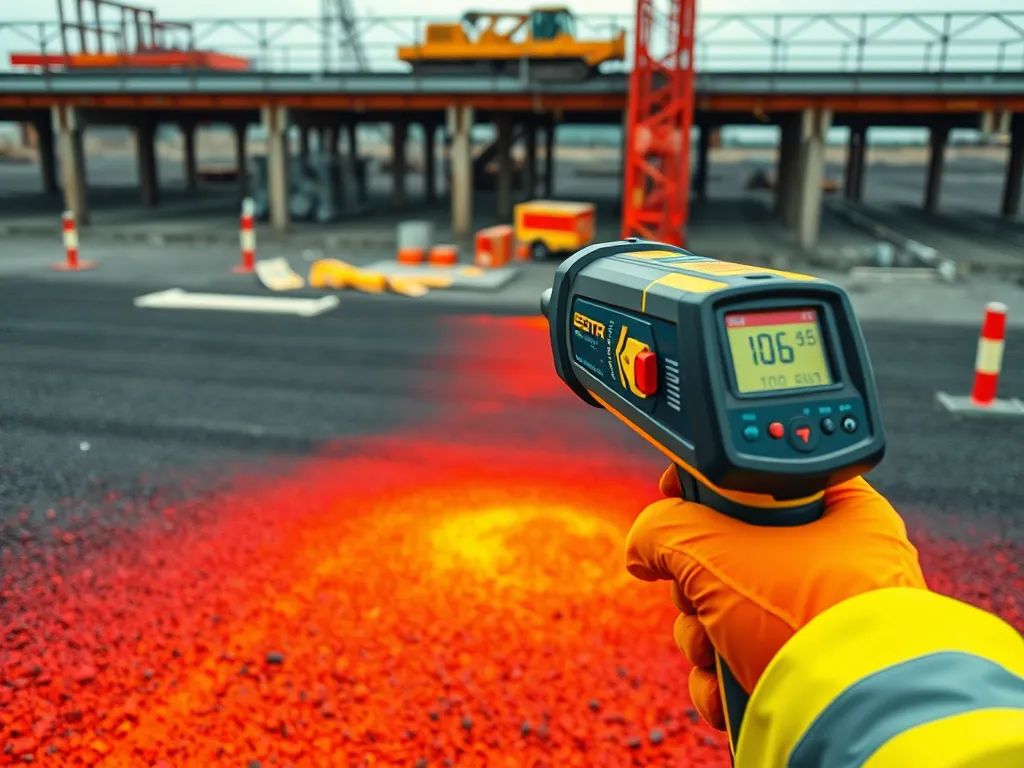 Operator using a laser thermometer to ensure quality in paver machine operation