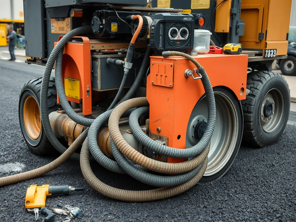 Close-up of a paver machine showing hoses and control panel for troubleshooting issues.