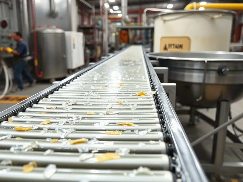 Conveyor belt in a paver machine facility with debris, illustrating common issues in paver operation.