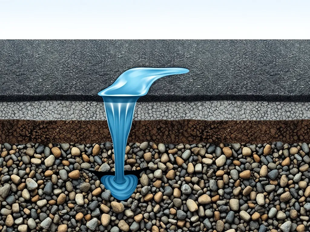 Diagram showing how permeable asphalt allows water to flow through, aiding in stormwater management