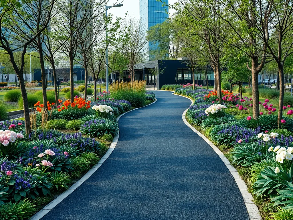Pathway made of permeable asphalt surrounded by vibrant flowers and greenery, highlighting the environmental benefits of permeable surfaces.