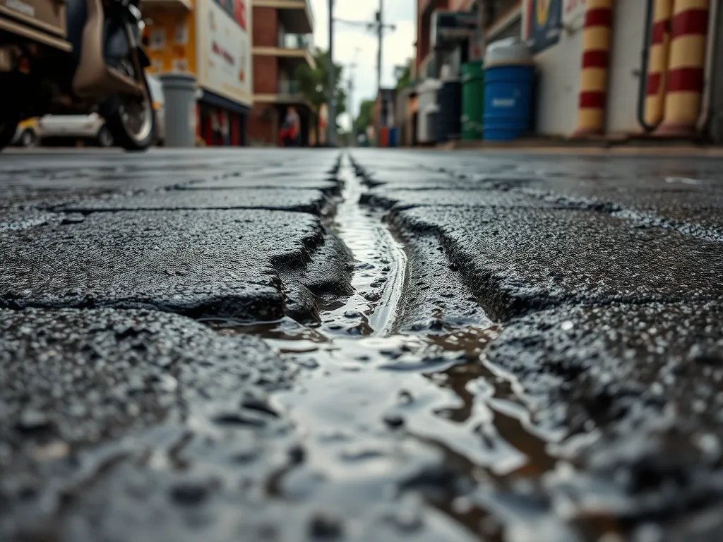 Permeable asphalt road with water drainage, highlighting its effectiveness in wet climates.