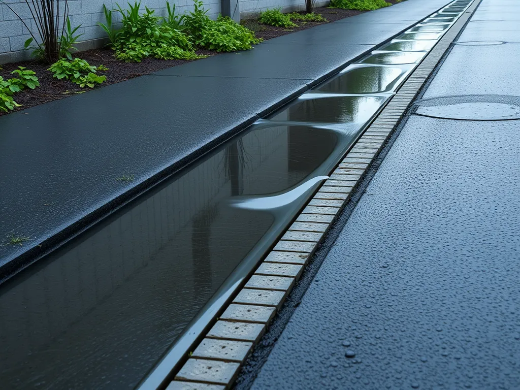 Permeable asphalt surface draining water in a wet climate, showcasing its effectiveness in managing rainfall.