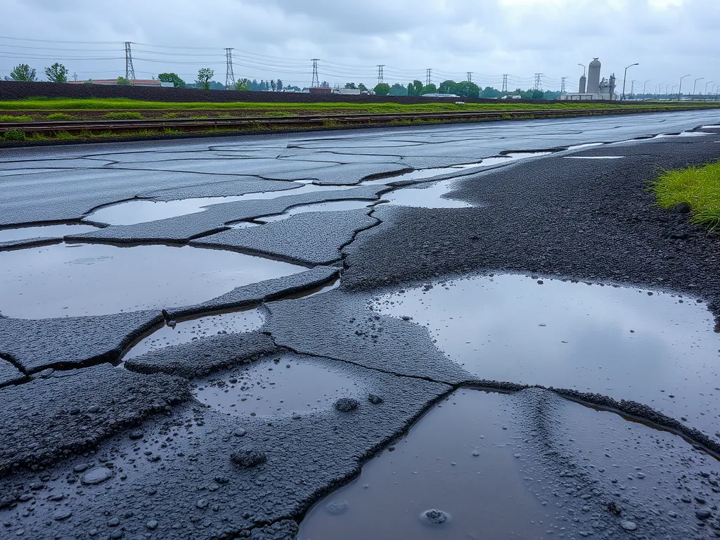 Cracked permeable asphalt surface showing water accumulation in a wet climate.