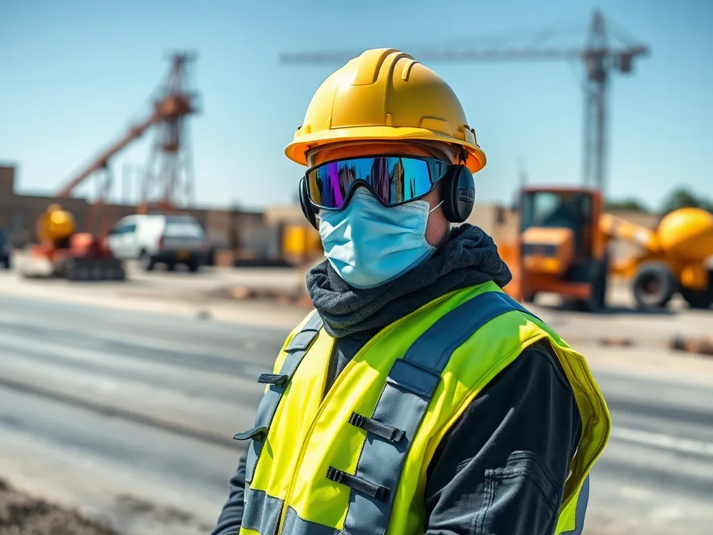 Worker wearing personal protective equipment including a helmet, mask, and ear protection at an asphalt worksite.
