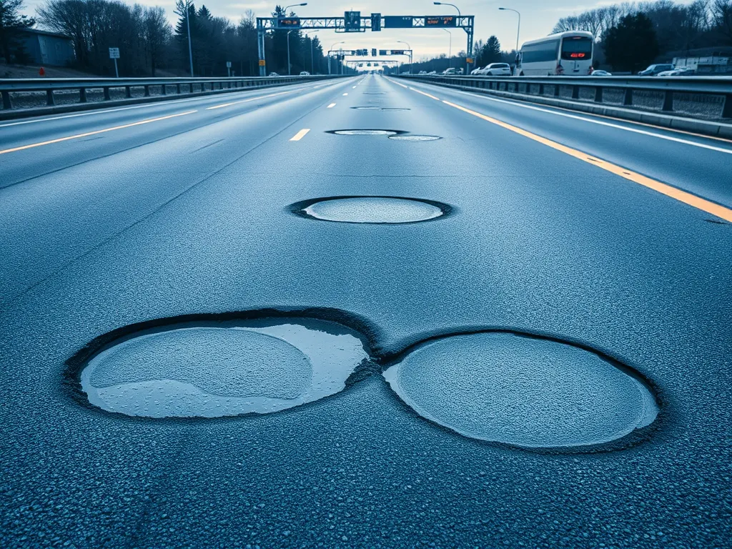 Potholes on an asphalt road highlighting infrastructure issues related to asphalt policies