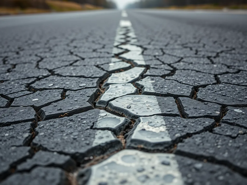 Cracked road surface illustrating the advantages of polymer-modified asphalt for durability and performance.
