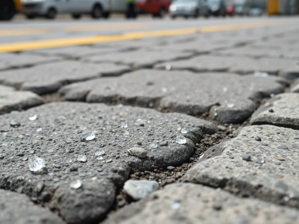 Close-up of polymer modified asphalt pavement showing water droplets