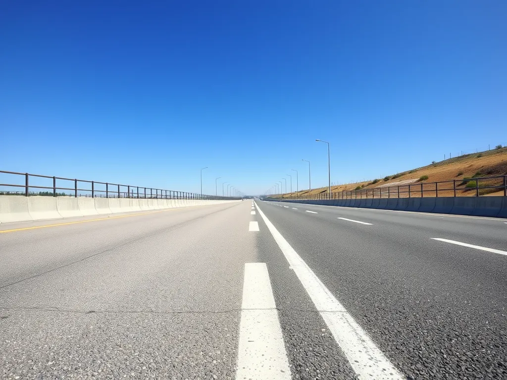 Wide road surface treated with polymer modified asphalt for enhanced durability and performance.