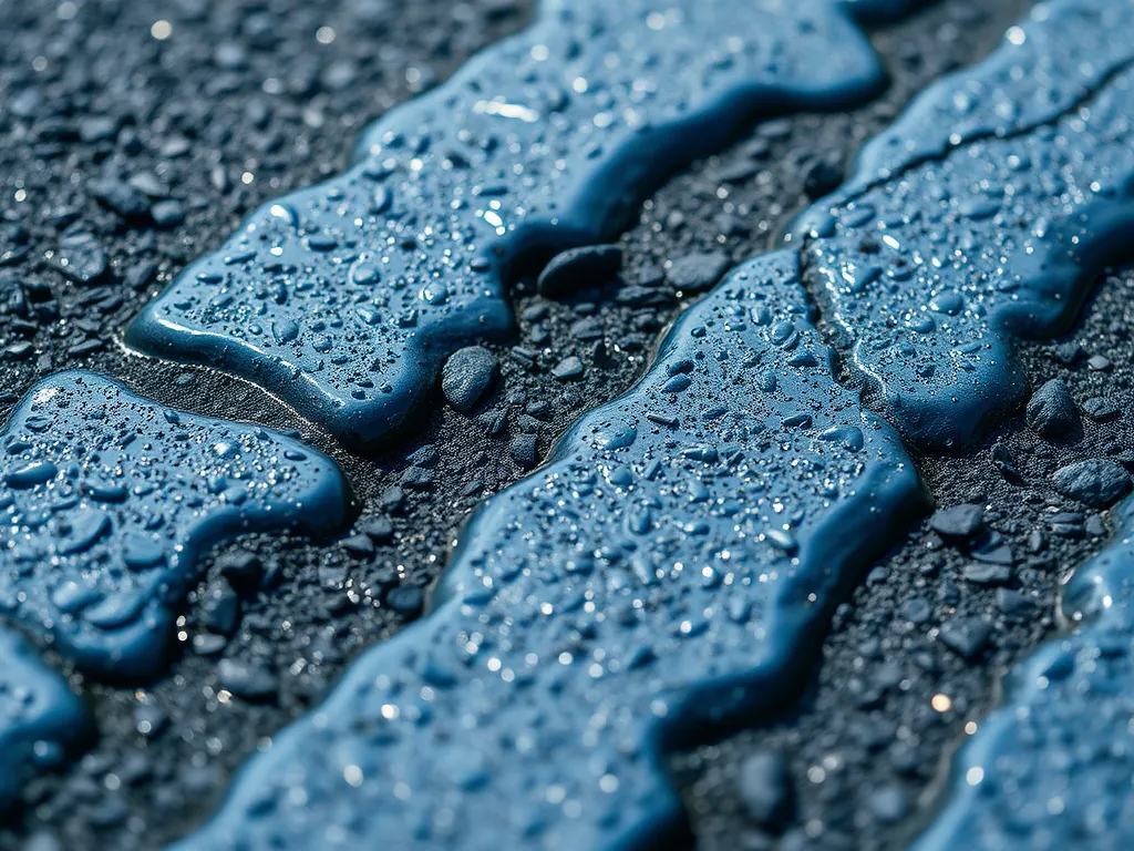 Close-up of polymer modified bitumen surface showing texture and water droplets, highlighting EN 14023 specifications.