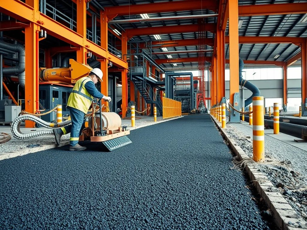 Worker applying polymer-modified mastic asphalt in a modern facility