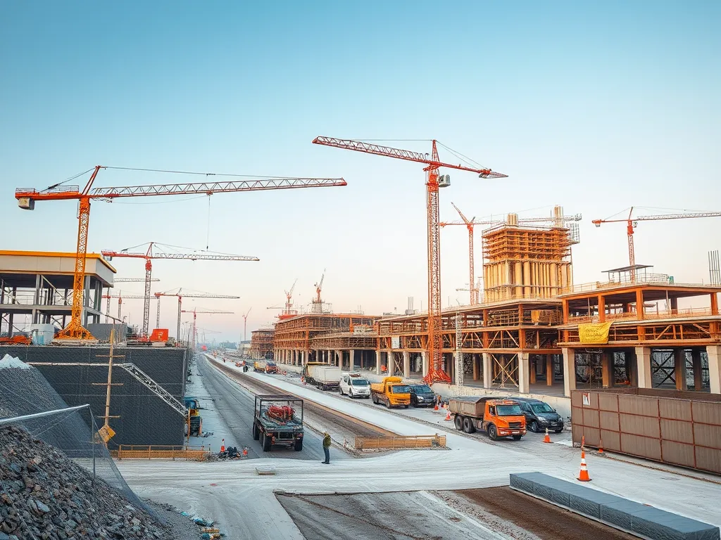 Construction site featuring polymer-modified mastic asphalt for enhanced durability.