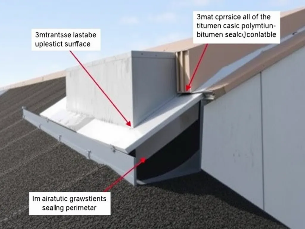Detailed view of polymer-modified mastic asphalt roofing showing sealing methods and material layers.