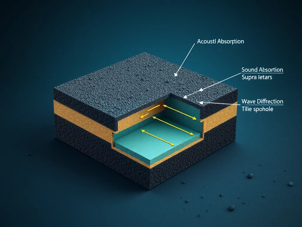 Diagram illustrating the acoustic properties of porous asphalt, highlighting acoustic absorption, sound absorption, and wave diffraction.