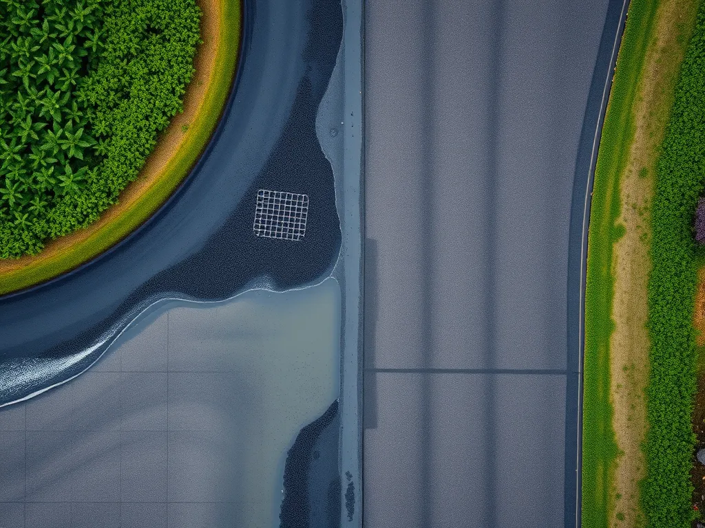 Aerial view of porous asphalt showcasing water drainage and vegetation integration.