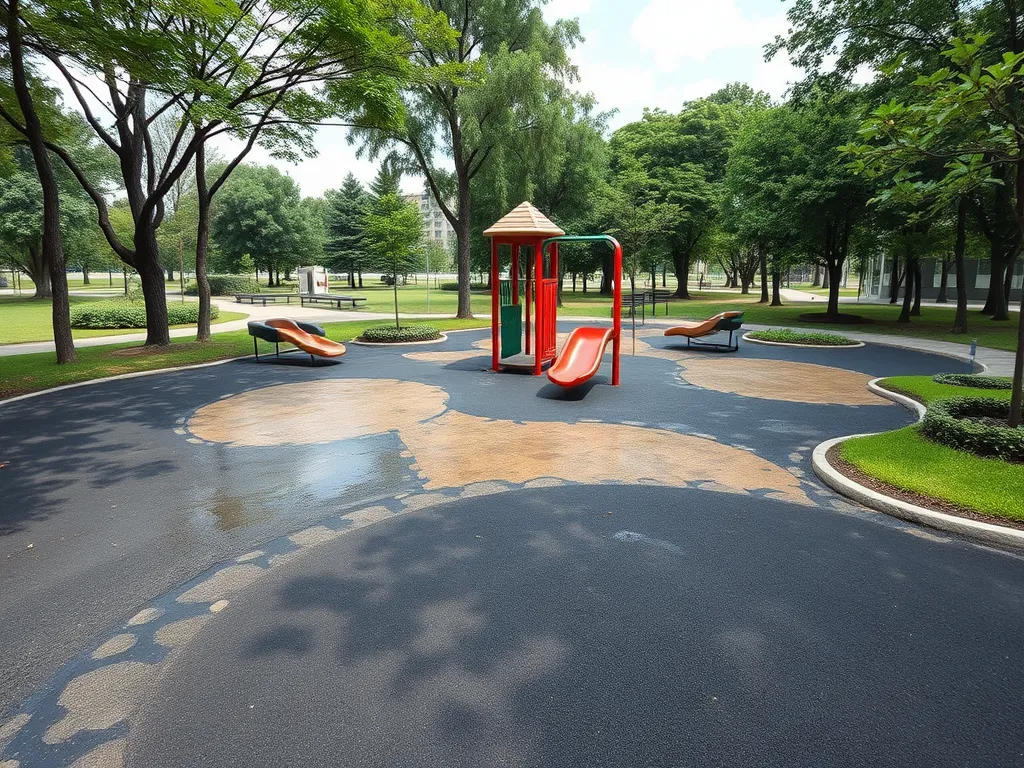 A playground featuring porous asphalt surfacing, highlighting the benefits of porous materials in outdoor settings.