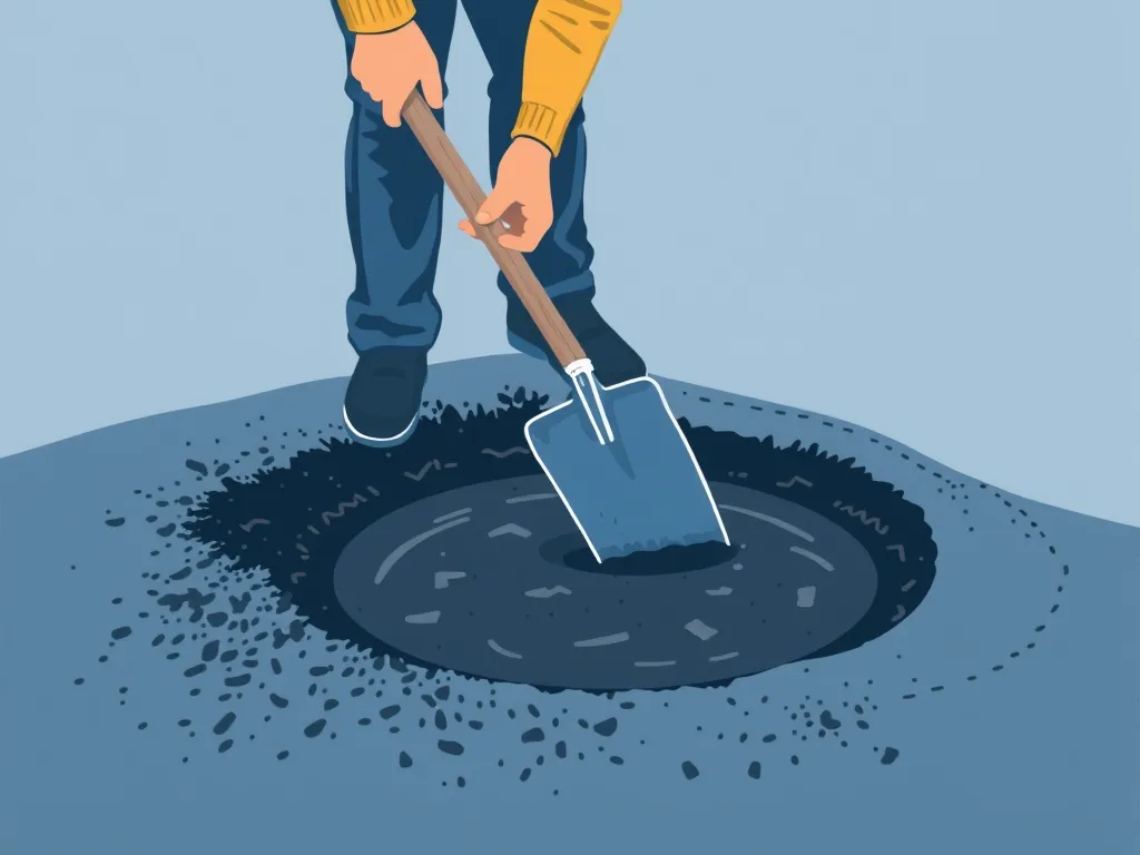 Person using a shovel to fill a pothole, illustrating the process in a pothole filling guide.