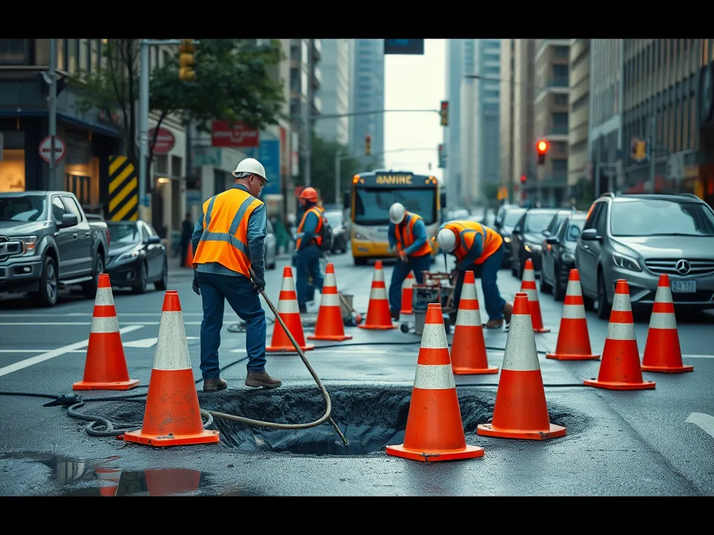 Workers repairing a pothole surrounded by traffic cones on an urban street, highlighting strategies for addressing potholes before they worsen.